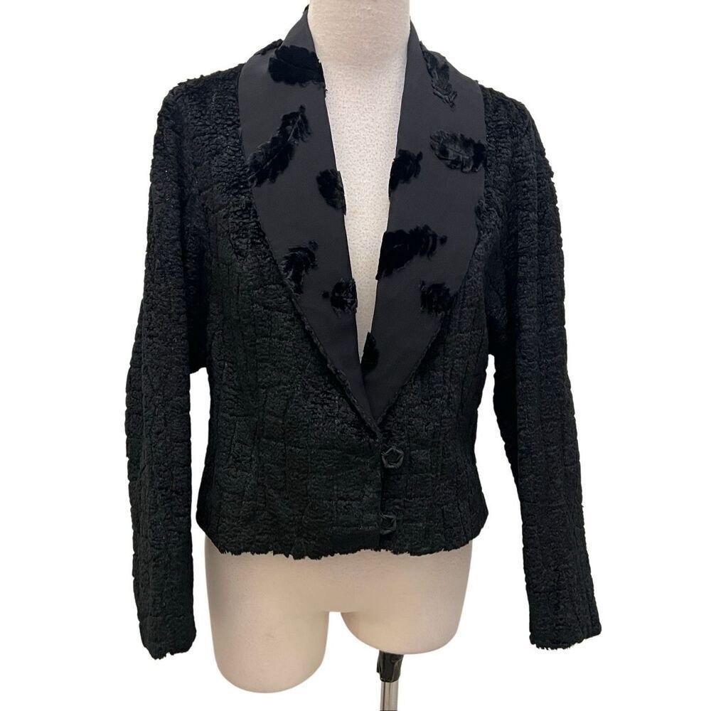 Clay Du Marian Cleyden Women's Jacquard Lapel Fuzzy Chenille Jacket Black Medium